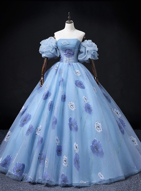 Blue Tulle Strapless Print Quinceanera Dress