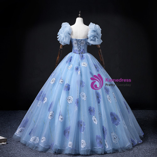 Princess Grey Blue Strapless Tulle Quinceanera Dress with Appliques