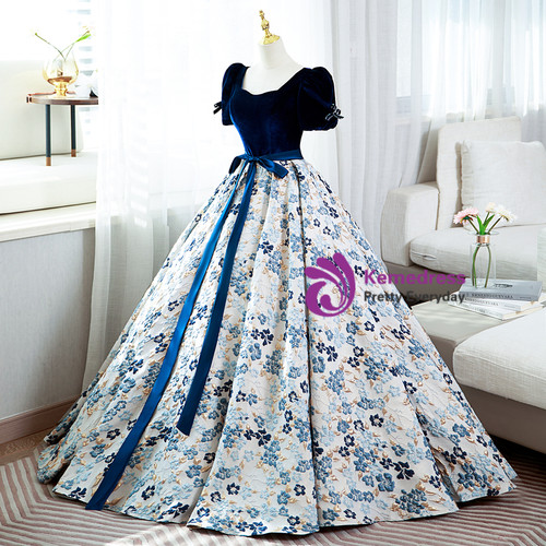 Blue Velvet Puff Sleeve Quinceanera Dress