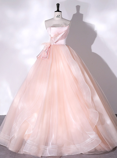 Pink Satin Tulle Strapless Feather Quinceanera Dress