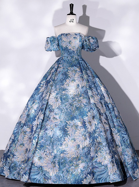 Blue Strapless Print Quinceanera Dress With Detachable Sleeve
