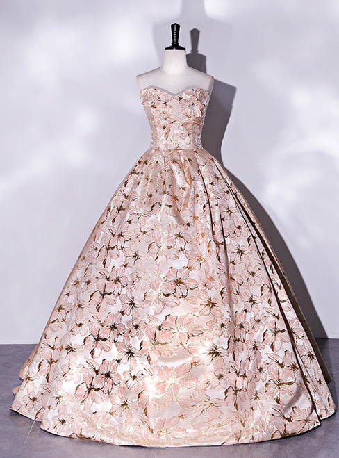 Vintage Pink Print Sweetheart Quinceanera Dress
