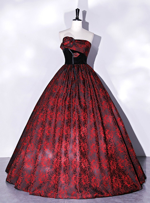 Burgundy Satin Rose Print Strapless Quinceanera Dress