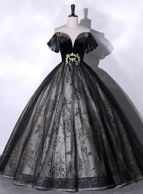 Black Tulle Sequins Beading Quinceanera Dress