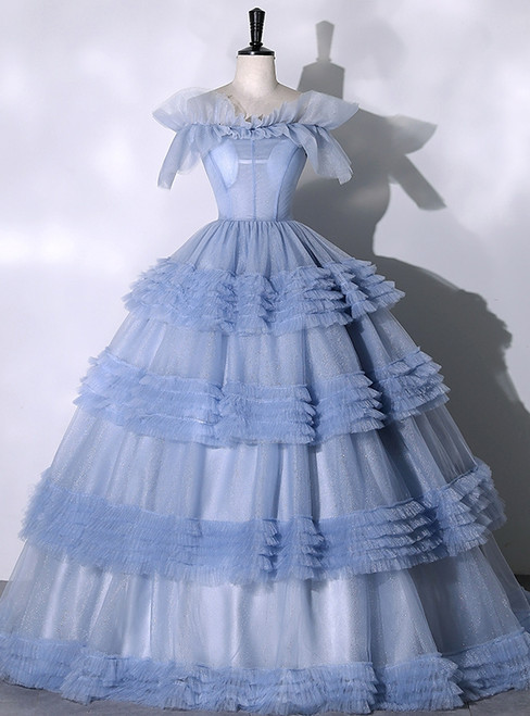 Blue Tulle Tiers Off the Shoulder Quinceanera Dress