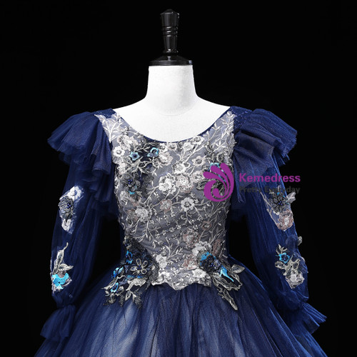Navy Blue Tulle Long Sleeve Appliques Quinceanera Dress