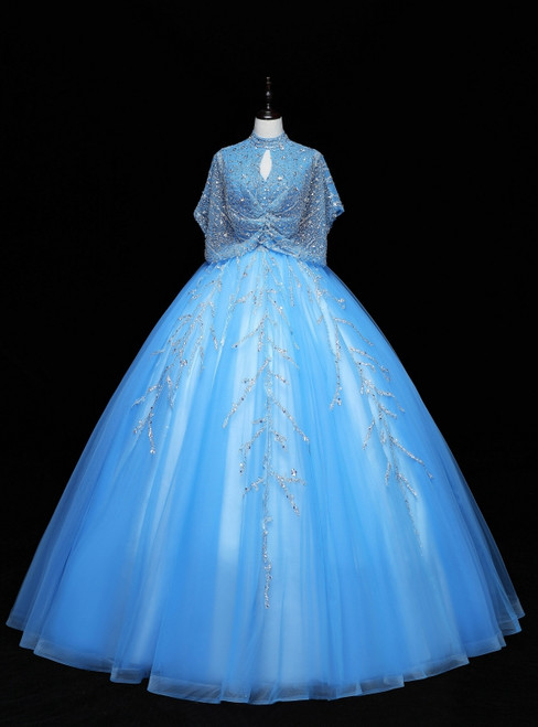 Blue Tulle Sequins Beading Quinceanera Dress