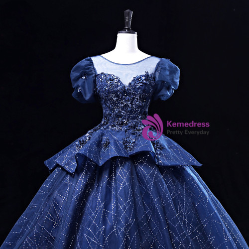 Strapless Sleeveless Sequins Appliques Pleated Navy Quinceanera Dress WQ1346