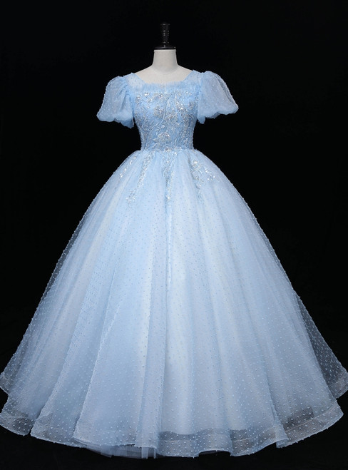 Blue Tulle Puff Sleeve Sequins Quinceanera Dress