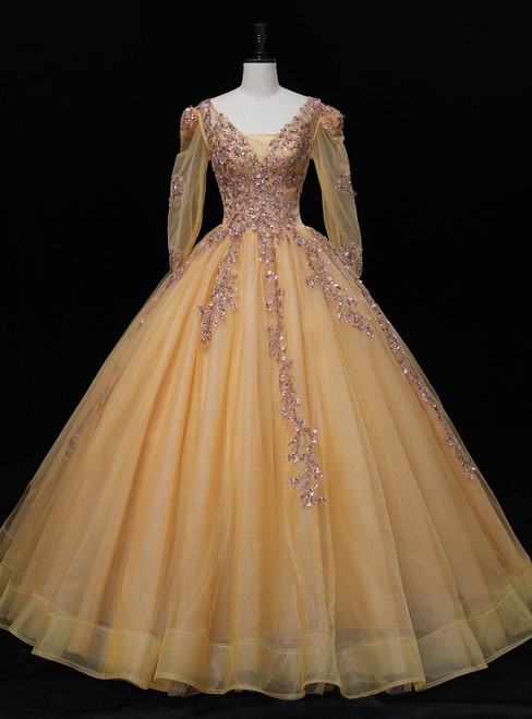 Gold Tulle Long Sleeve Backless Sequins Quinceanera Dress