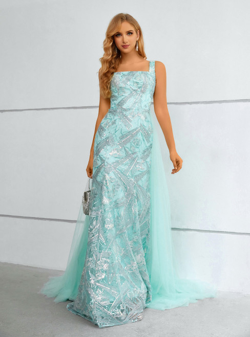 Green Mermaid Sequins Straps Prom Dress With Detachable Train