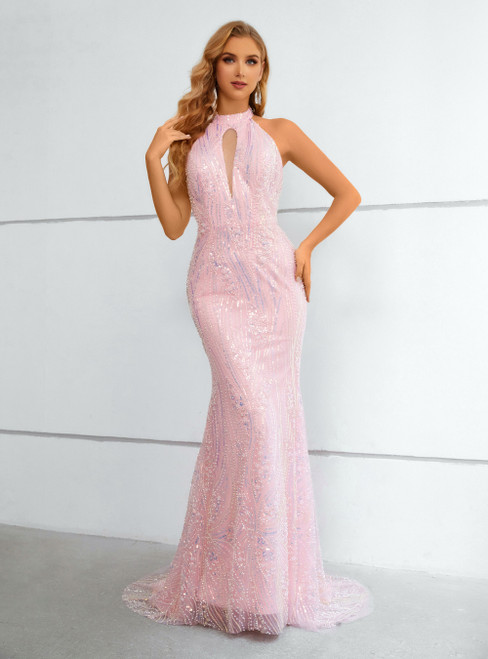 Pink Mermaid Tulle Halter Backless Prom Dress