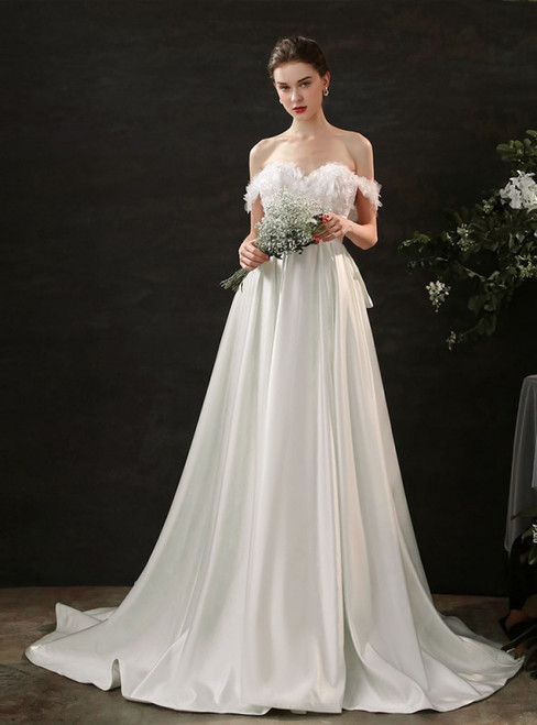 White Satin Off the Shoulder Flower Wedding Dress