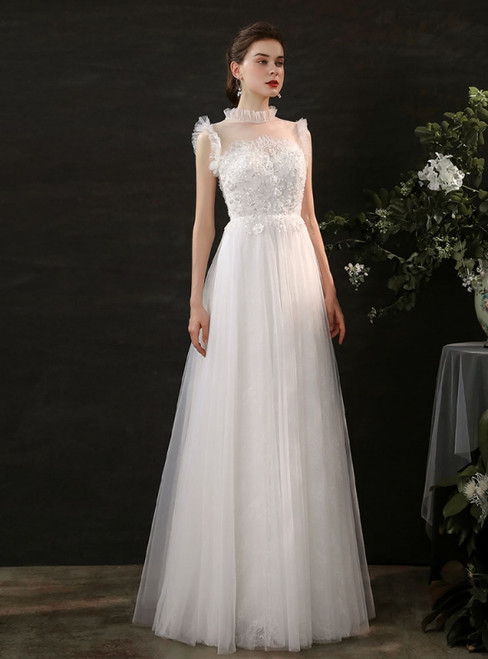 White Tulle Appliques Beading See Through Back Wedding Dress