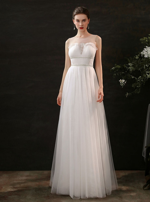 A-line White Tulle Lace Pleats Wedding Dress
