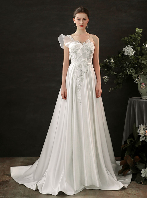 White Satin V-neck Beading Wedding Dress
