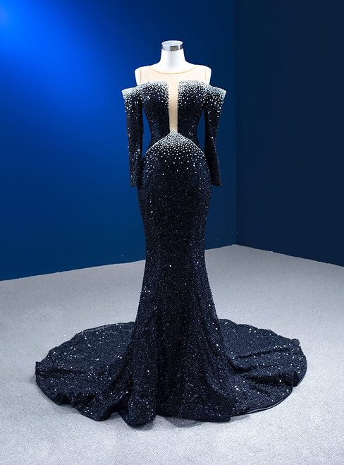Black Mermaid Sequins Pearls See Through Neck Prom Dress