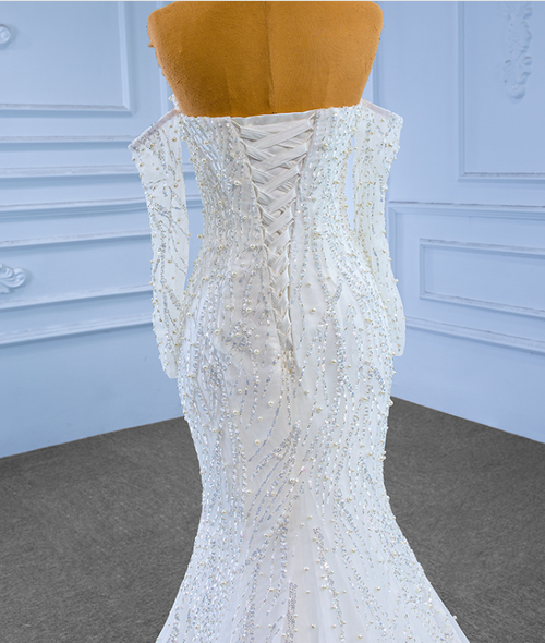 Luxury Mermaid Sweetheart Tulle Sequin White Wedding Dresses With Removable Bownot B044