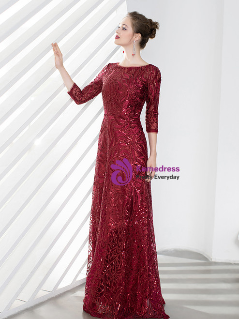 Burgundy Sequined Lace A-Line Maxi Formal Wedding Dress