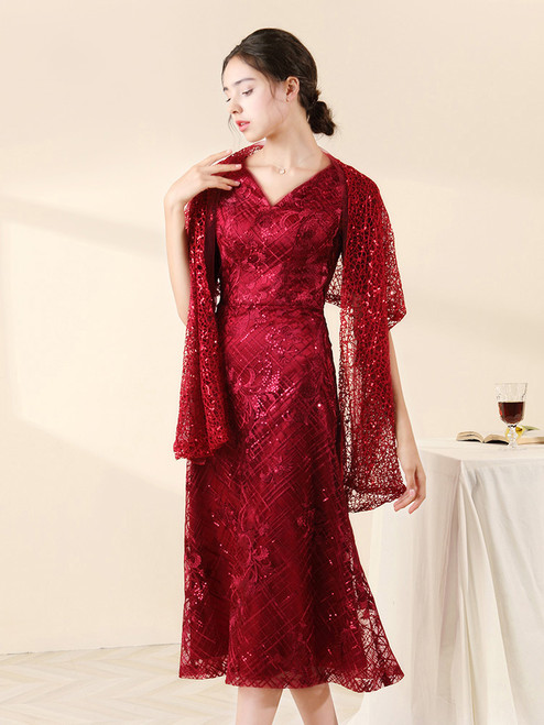 Burgundy Lace V-neck Short Sleeve Mother Of The Bride Dress