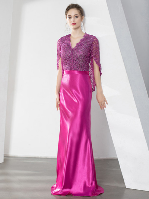 Fuchsia Satin Lace V-neck Short Sleeve Mother Of The Bride Dress