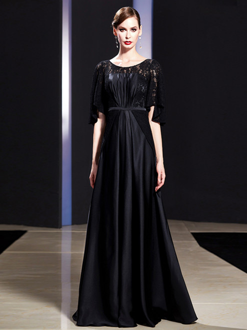 Black Satin Lace Bat Sleeve Mother Of The Bride Dress