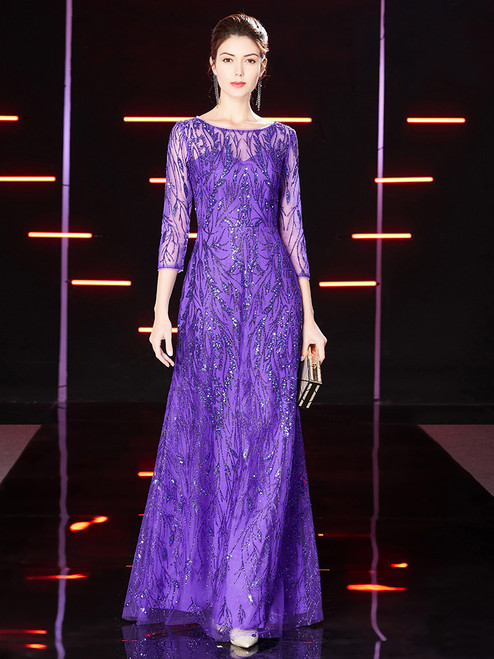 Purple Sequins Tulle 3/4 Sleeve Mother Of The Bride Dress