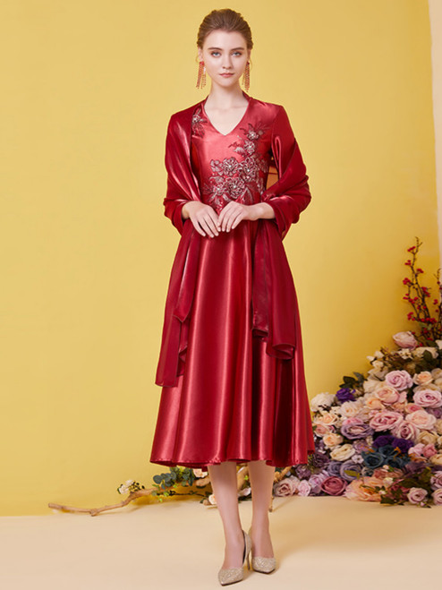 Burgundy Satin V-neck Long Sleeve Appliques Mother Of The Bride Dress