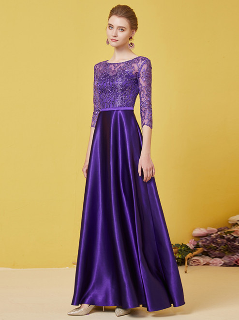 Purple Satin 3/4 Sleeve Mother Of The Bride Dress