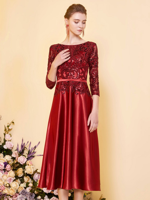 Burgundy Satin Sequins 3/4 Sleeve Tea Length Mother Of The Bride Dress