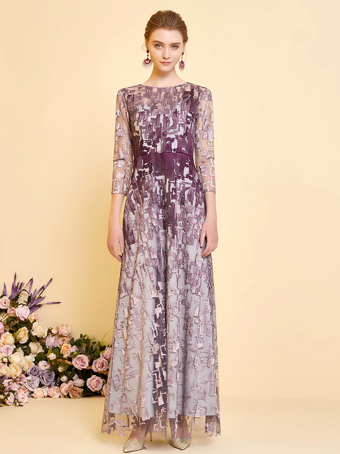 Purple Tulle Lace 3/4 Sleeve Mother Of The Bride Dress