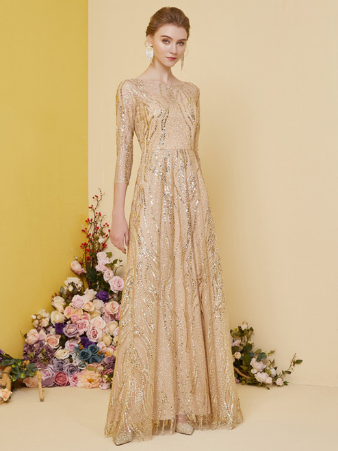 Gold Sequins 3/4 Sleeve Mother Of The Bride Dress
