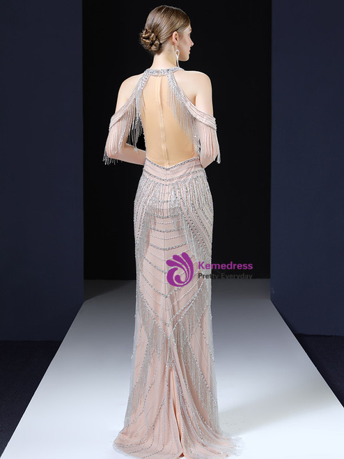 Champagne Sexy Mermaid Crystal Tulle Prom Dress