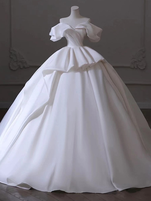 White Satin Off the Shoulder Wedding Dress