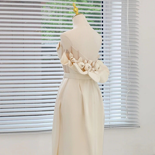Chic Sheath Strapless Sleeveless Ivory Satin Wedding Dresses With Ruffles C3228