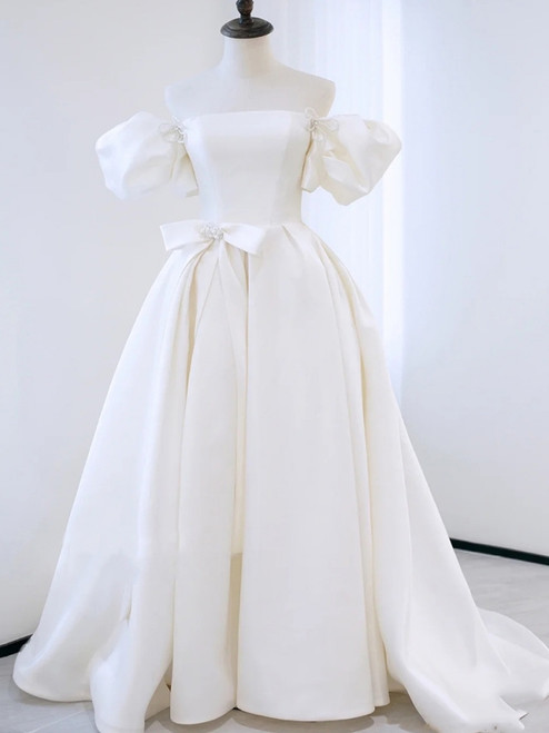 White Satin Puff Sleeve Pearls Wedding Dress