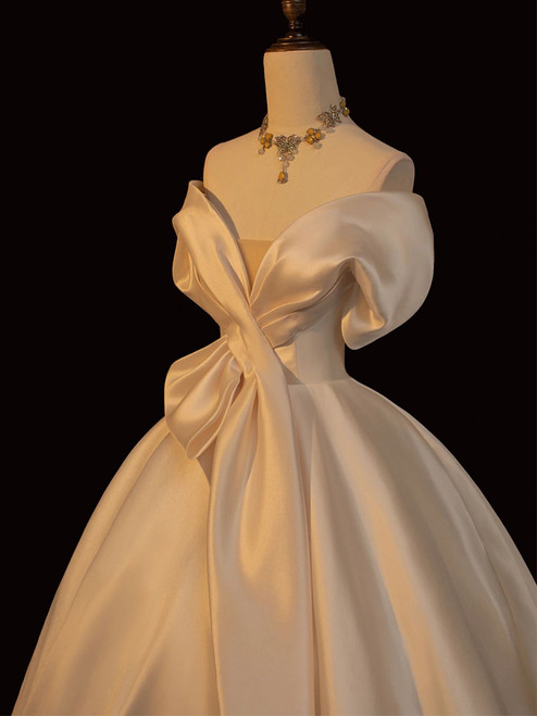 Off-The-Shoulder Satin Wedding Dresses Bows Pockets