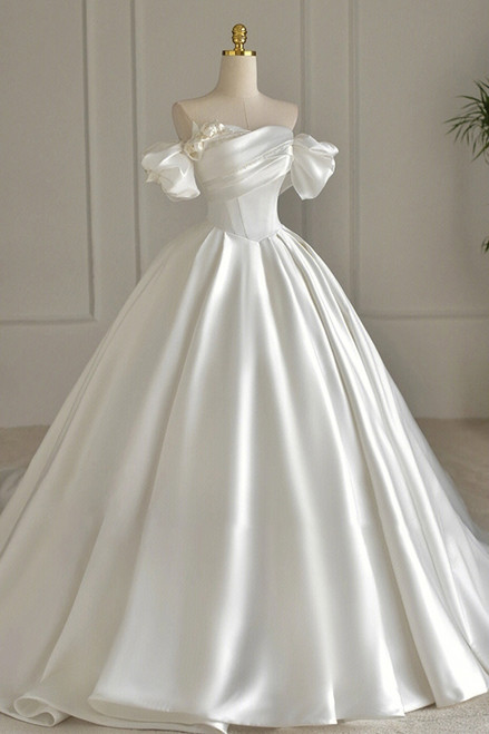 White Satin Beading Strapless Pleats Wedding Dress