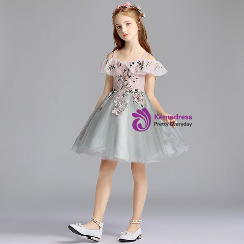 Top Lace Appliques Grey Tulle Sleeveless Cute Custom Flower Girl Dresses, FG088