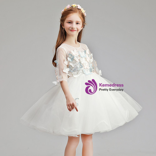 Cute Lace Short Sleeves Tulle Butterfly Flower Girl Dress OF135 main image 1