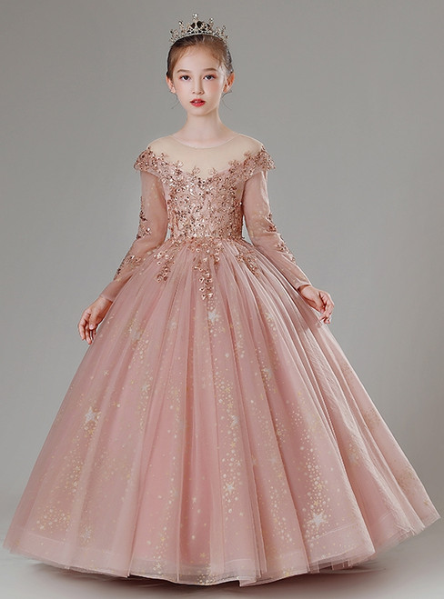 Pink Tulle Long Sleeve Sequins Beading Flower Girl Dress