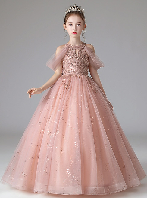 Pink Tulle Beading Sequins Flower Girl Dress