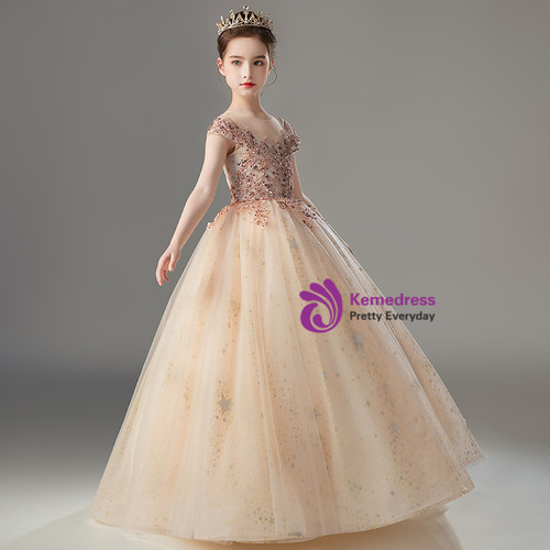 Champagne Sequin Tiered Tulle Princess Dress for Girls