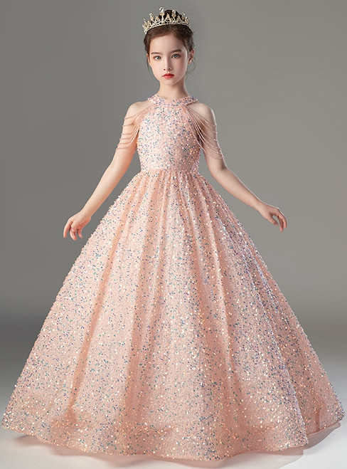 Pink Ball Gown Sequins Beading Flower Girl Dress