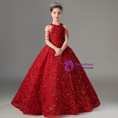 Rainbow Sequin Ball Gown Flower Girl Dress with Bows and Flowers