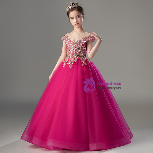 Illusion Beaded Tulle Flower Girl Dress with Feather Burgundy