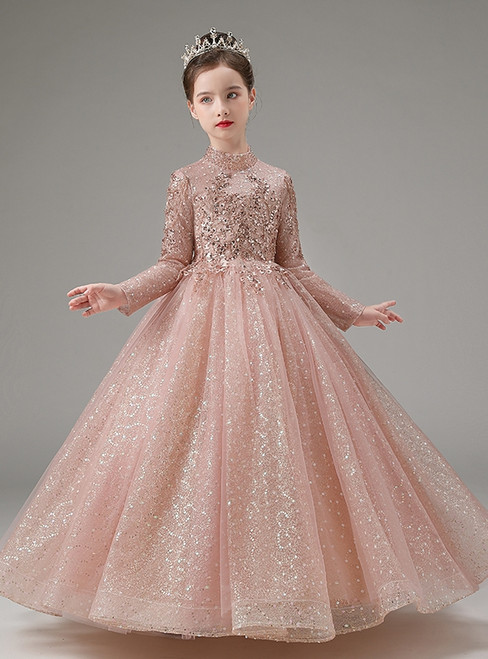 Pink Tulle Long Sleeve High Neck Beading Flower Girl Dress