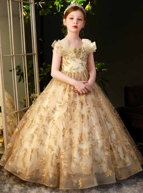 Gold Lace Sleeveless Flower Girl Dress