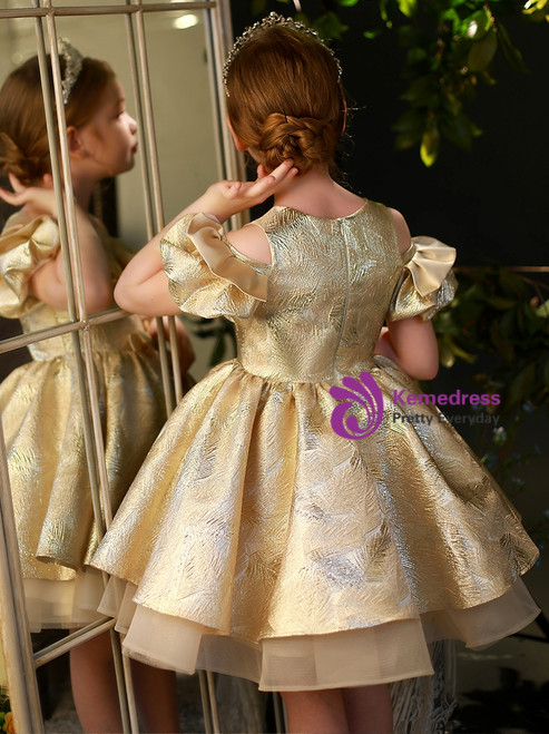 Cute A-Line Bow Short Flower Girl Dress Gold