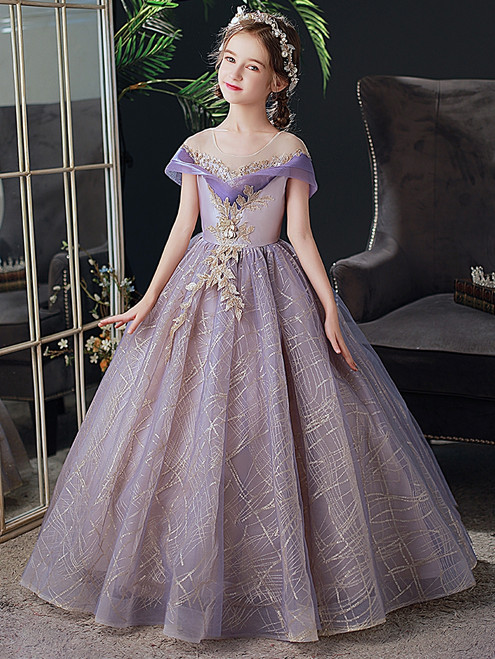 Purple Tulle Appliques Flower Girl Dress